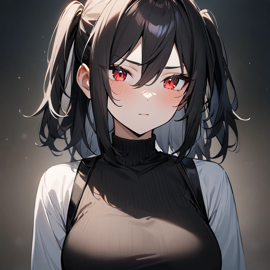 1 girl,Androgynous,two side up,big breast,black hair,red eyes,medium hair,sidelocks,upper body,masterpiece, best quality, very aesthetic, absurdres