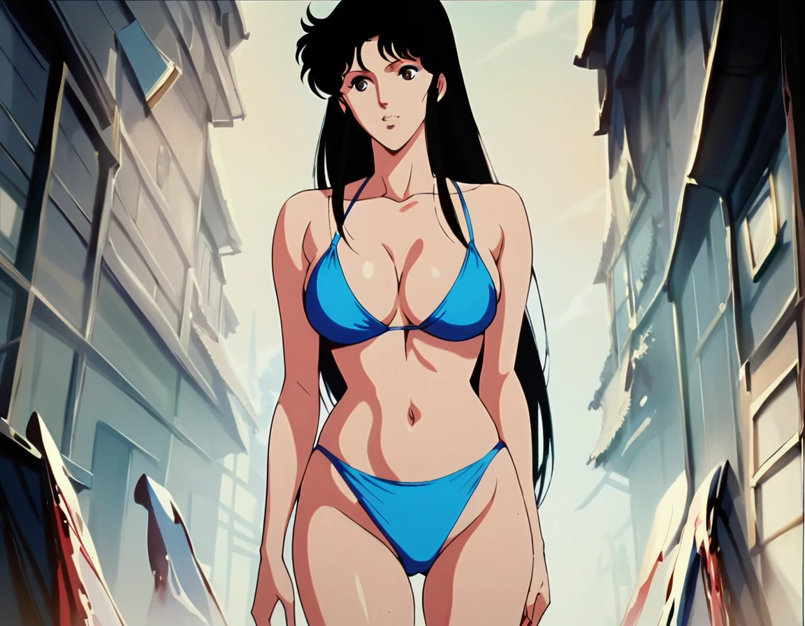 One girl,  fh1to, Model body type,Model standing,Blue little bikini,Kind Face,Not a big ass , Long, slender legs, BREAK score_9, score_8_superior, score_7_superior, score_6_superior, score_5_superior, score_4_superior, sauce_anime, No background,official anime screencap