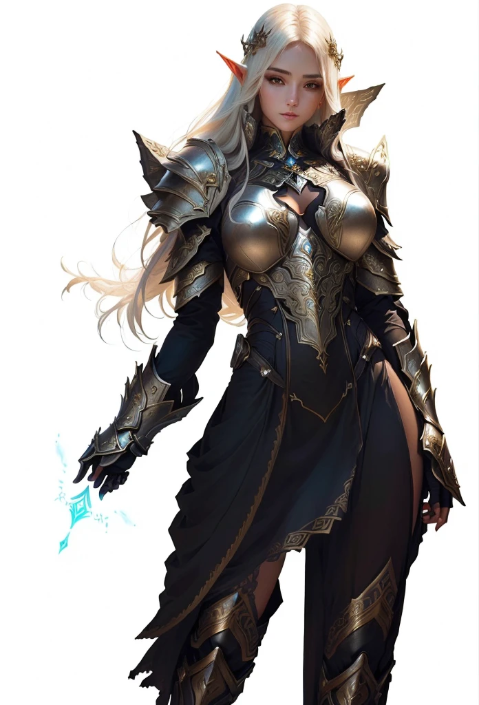 a close up of a woman in a costume, female brown character, clothed in ethereal armor, intricate armor details, elegant armor, light coming off of the armor, the style of wlop, clothed in ethereal battle armor, detailed armor, wlop art, 8 k character details, intricate wlop, pale white armor, some curved armor, fantasy female priestess, beautiful elf countess, human ::epic exquisite character art, pretty face, nice face, sexy, sun high elf, big , brown skin face, blond hair, long dress,