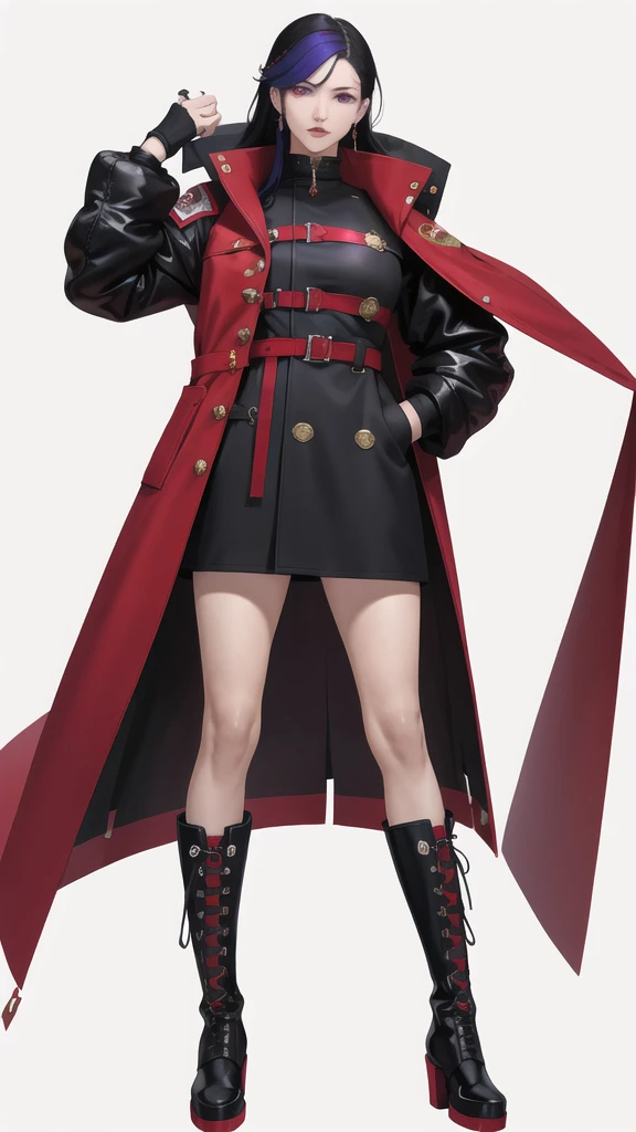 Young woman, 21 years old, full length, White background. Black hair with acid red ends. One eye is blue, Other purple. Pierced nose with ring on the left. haughty expression on his face. long black coat, lace-up boots