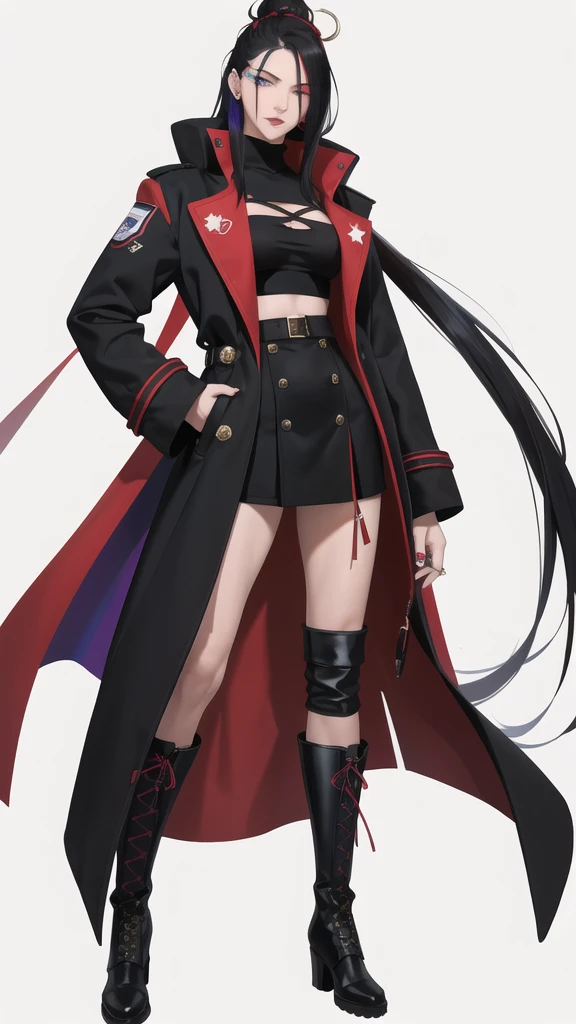 Young woman, 21 years old, full length, White background. Black hair with acid red ends. One eye is blue, Other purple. Pierced nose with ring on the left. haughty expression on his face. long black coat, lace-up boots