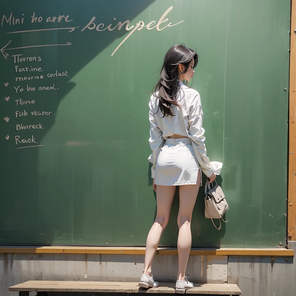 Full body photo、Woman writing on a blackboard、White mini skirt suit、Angle from behind


