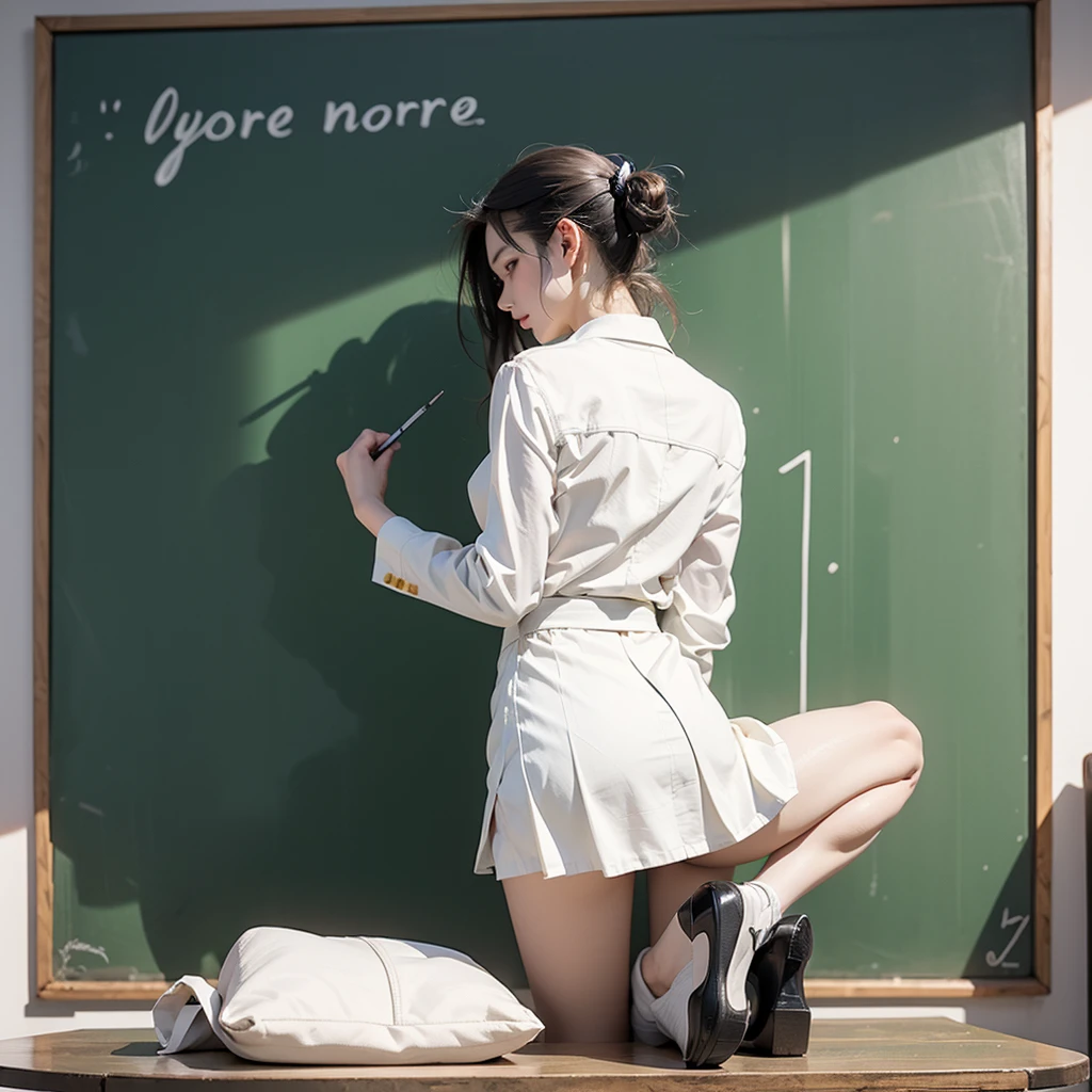 Full body photo、Woman writing on a blackboard、White mini skirt suit、Angle from behind