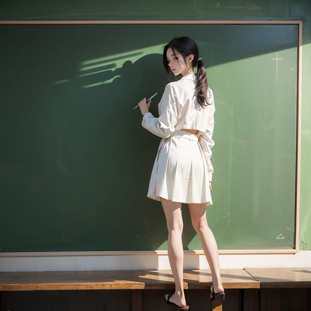 Full body photo、Woman writing on a blackboard、White mini skirt suit、Angle from behind


