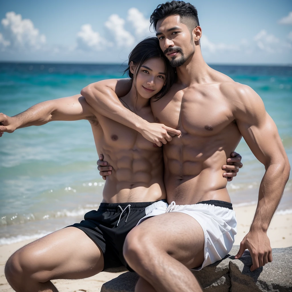 Drawing of men hugging each other，With a sweet smile，One of them has a mustache，Height 180 cm，Black buzz cut，Topless，Dark skin，Eight-pack abs，Black sports shorts，sports shoes，Height 170 cm，Topless，Black short hair，White and tender skin，Eight-pack abs，White sports shorts，sports shoes，The background of two people is the sea and the beach