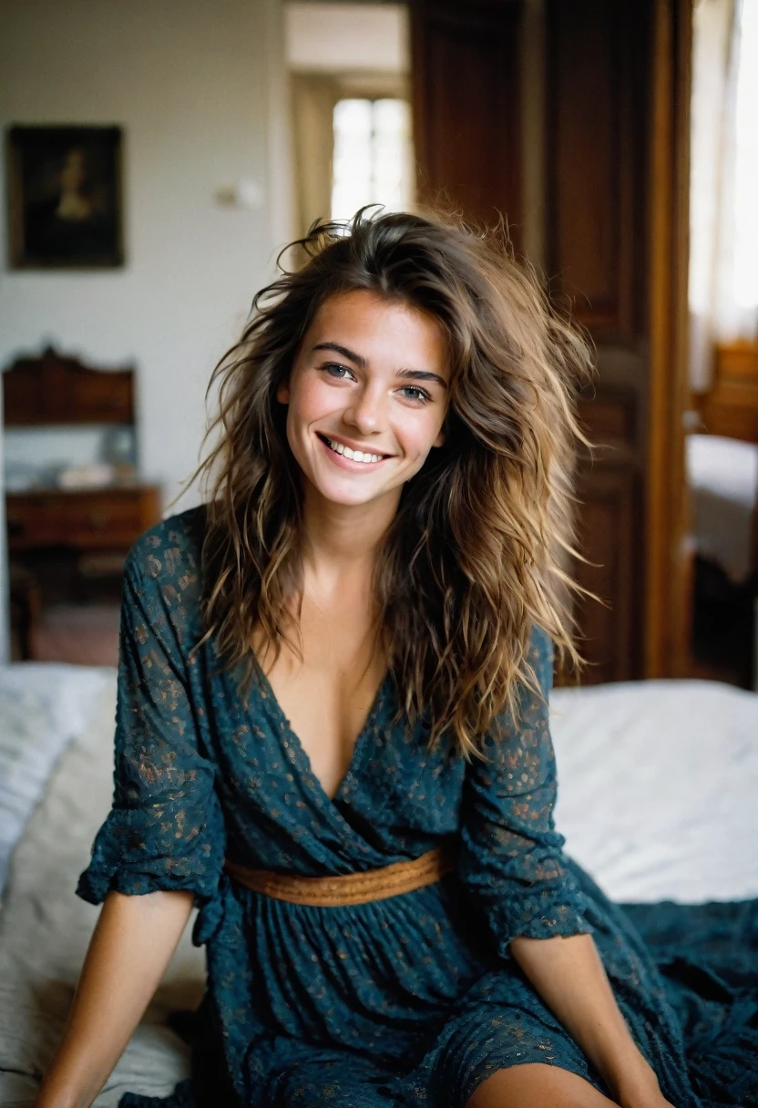 20-year-old French girl, assise en robe brunette, yeux de couleurs marrons foncé, grand sourire EN TRAIN DE RIRE LA MAIN DEVANT LA BOUCHE , Messy hair but not too messy, photos in a lit house