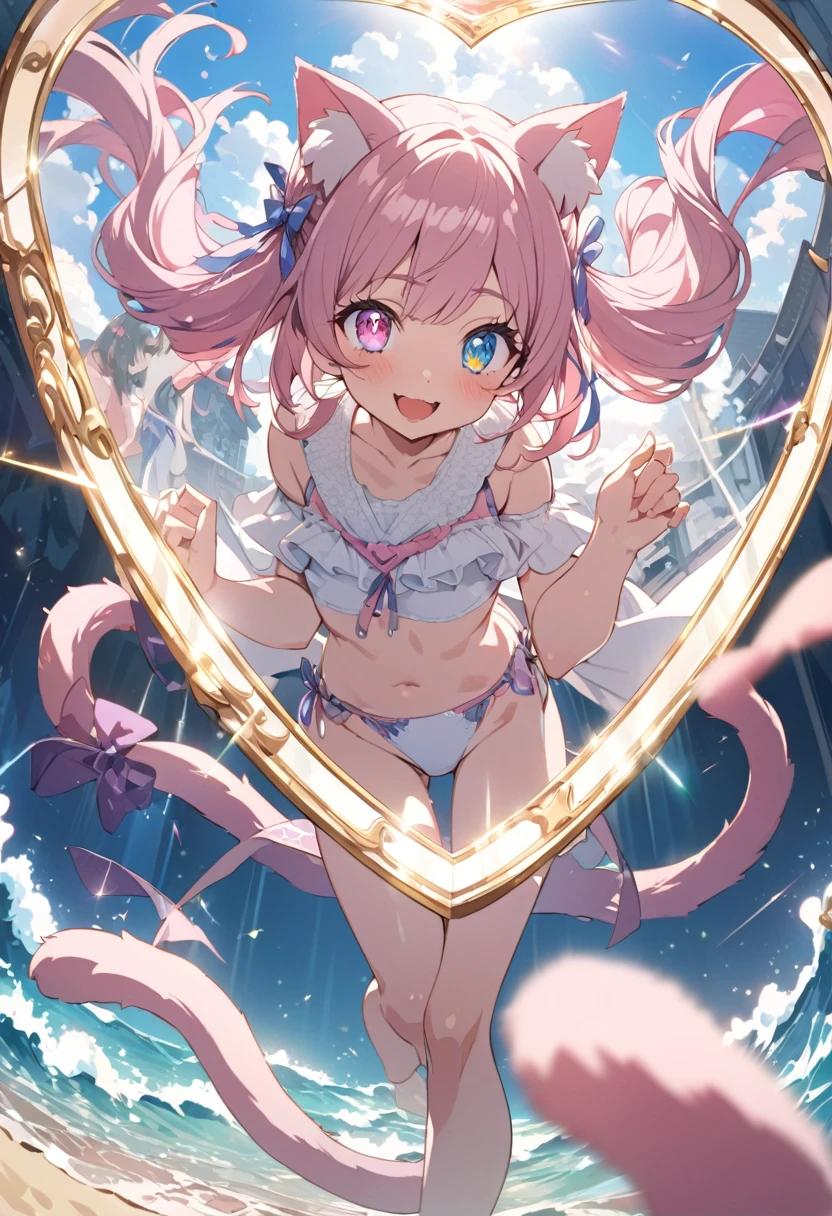 masterpiece, best quality, hyper detailed, exquisite, Full-HD, 16K, absurdres, female , kemono, happy, cheerful grin, walking, looking at viewer, twintail, two side up, bun hair, wave hair, medium hair, blunt bangs, drill hair, wavy hair, shiny hair, pink hair, colored inner hair, pink eyes, blue eyes, odd eyes, with irises, with heart-shaped irises, with diamond-shaped irises, with sparkling eyes, with star-shaped irises, big eyes, droopy eyes, heterochromia, wide-eyed, with heart-shaped eyes, with heart-shaped pupils, pale skin, fair skin, shiny skin, detailed skin, short, slim, bikini, smaller face, with cat ears, cat tail, cute face, baby face, ager, on the beach, blue sky and shining lights, kawaii, cute, anime, cel anime, full body shot, upper body, closeup shot, cowboy shot, front view, dynamic angle, wide view, wide shot, golden ratio, framing composition, sunlight, dramatic lighting, best light,on right