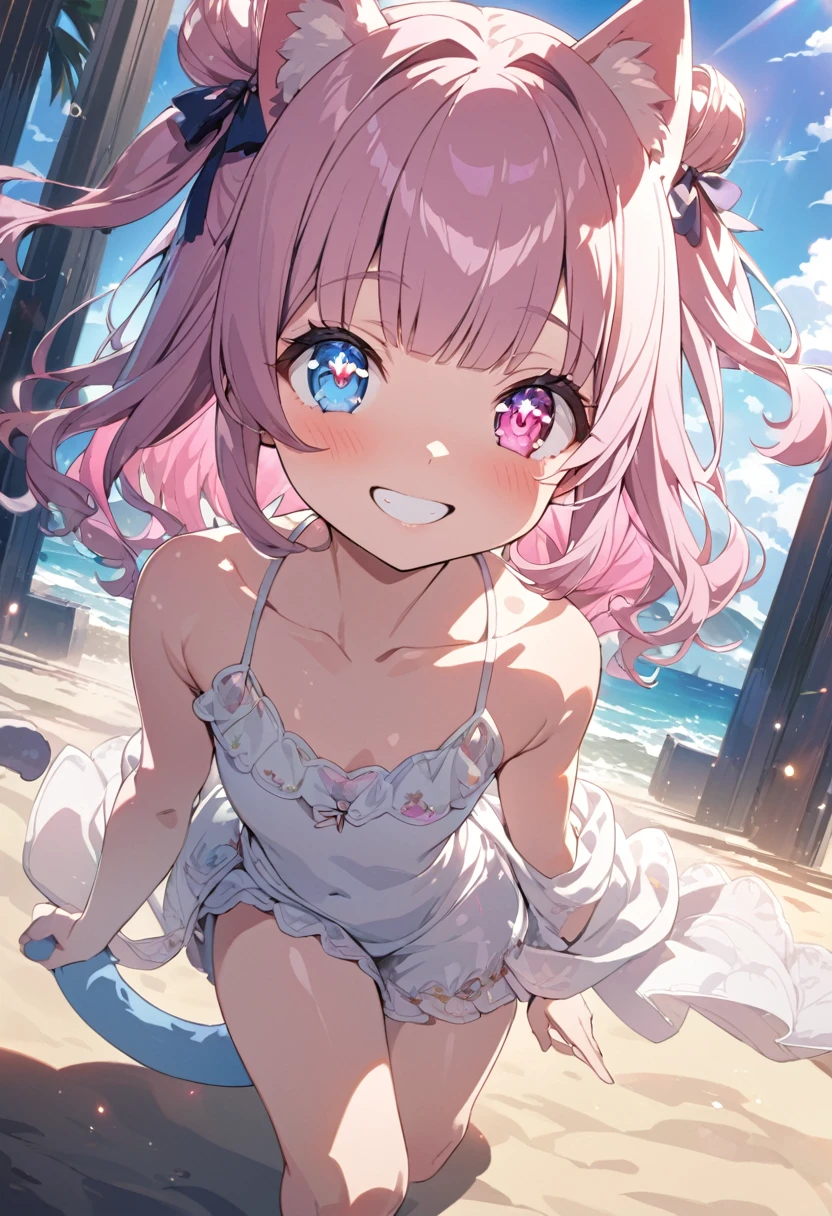 masterpiece, best quality, hyper detailed, exquisite, Full-HD, 16K, absurdres, female , kemono, happy, cheerful grin, walking, looking at viewer, twintail, two side up, bun hair, wave hair, medium hair, blunt bangs, drill hair, wavy hair, shiny hair, pink hair, colored inner hair, pink eyes, blue eyes, odd eyes, with irises, with heart-shaped irises, with diamond-shaped irises, with sparkling eyes, with star-shaped irises, big eyes, droopy eyes, heterochromia, wide-eyed, with heart-shaped eyes, with heart-shaped pupils, pale skin, fair skin, shiny skin, detailed skin, short, slim, bikini, smaller face, with cat ears, cat tail, cute face, baby face, teenager, on the beach, blue sky and shining lights, kawaii, cute, anime, cel anime, full body shot, upper body, closeup shot, cowboy shot, front view, dynamic angle, wide view, wide shot, golden ratio, framing composition, sunlight, dramatic lighting, best light,on right