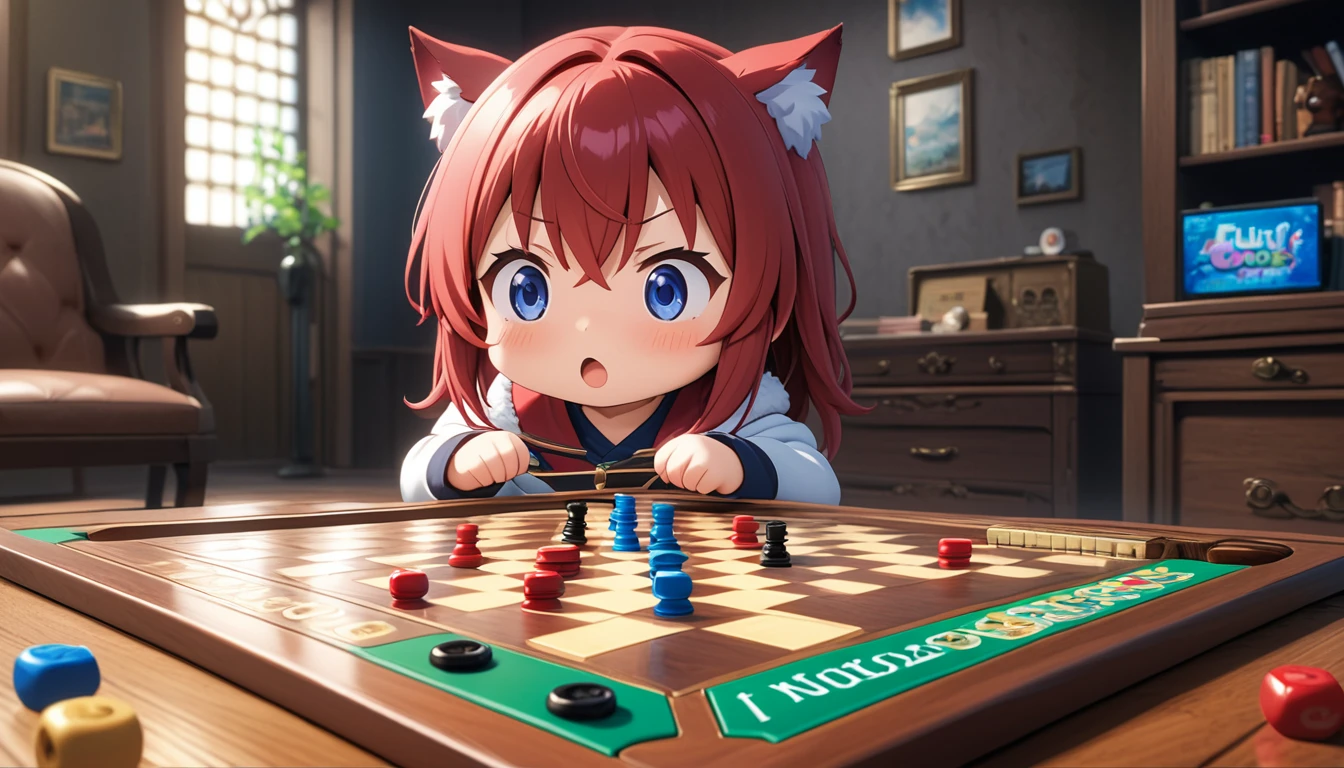 宙にうくBoard gameのコマ, Exquisite details and atmospheric atmosphere, Rich colors and masterpiece-level realism, Highly detailed 8K HDR images.Bright expression,Board game,Deformed wolf girl,Anime images,Board gameで遊んでいる.Fluffy