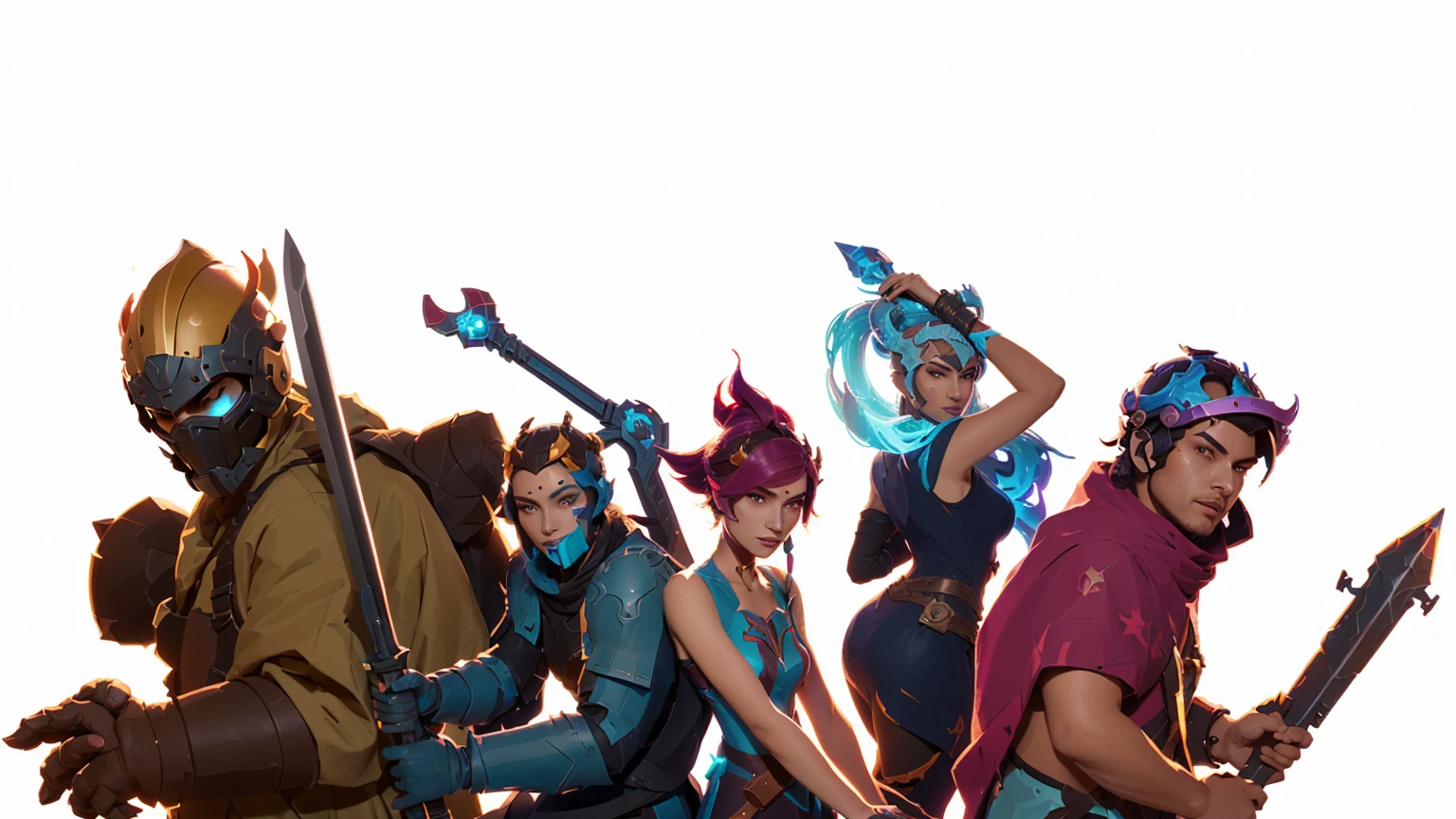 a group of people with weapons and helmets standing together, style of duelyst, 2d game fanart, 6 billion demons style, coriolios rpg art style, dead cells, rhads and lois van baarle, character art closeup, supergiant games, several character designs, hyperlight drifter, key art, hero character art, stylized concept art