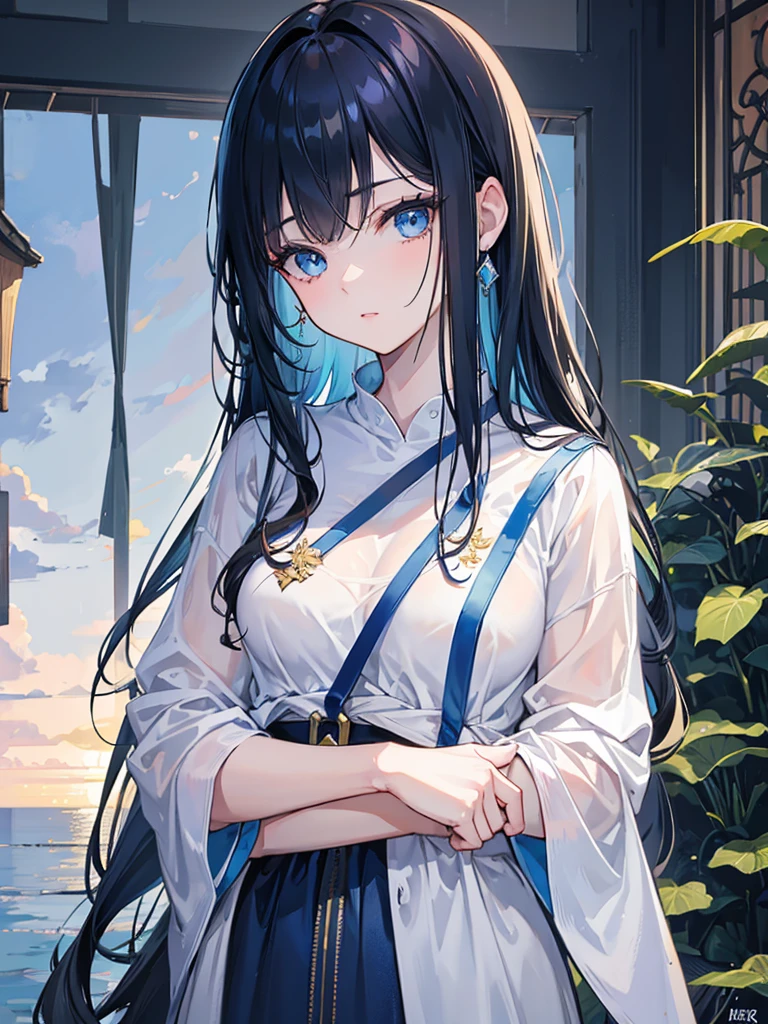 a young woman with beautiful blue eyes, long wavy black hair with bangs, wearing casual clothing, a calico cat resting on her shoulder, highly detailed, photorealistic, 8k, award-winning quality, masterpiece, dramatic lighting, hyper-realistic, cinematic composition, vibrant colors, beautiful detailed eyes, beautiful detailed lips, extremely detailed face and portrait, intricate details, natural, serene, peaceful, calm atmosphere