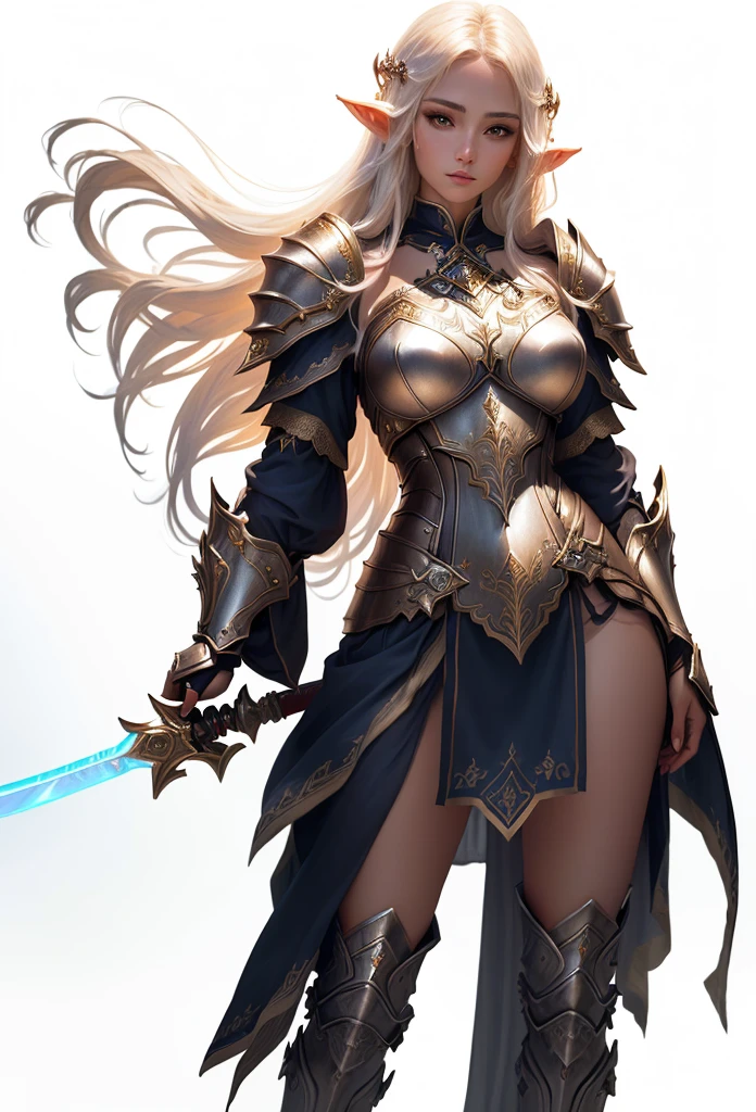 a close up of a woman in a costume holding a sword, female brown character, clothed in ethereal armor, intricate armor details, elegant armor, light coming off of the armor, the style of wlop, clothed in ethereal battle armor, detailed armor, wlop art, 8 k character details, intricate wlop, pale white armor, some curved armor, fantasy female priestess, beautiful elf countess, human ::epic exquisite character art, pretty face, nice face, sexy, sun high elf, big , brown skin face, blond hair, 