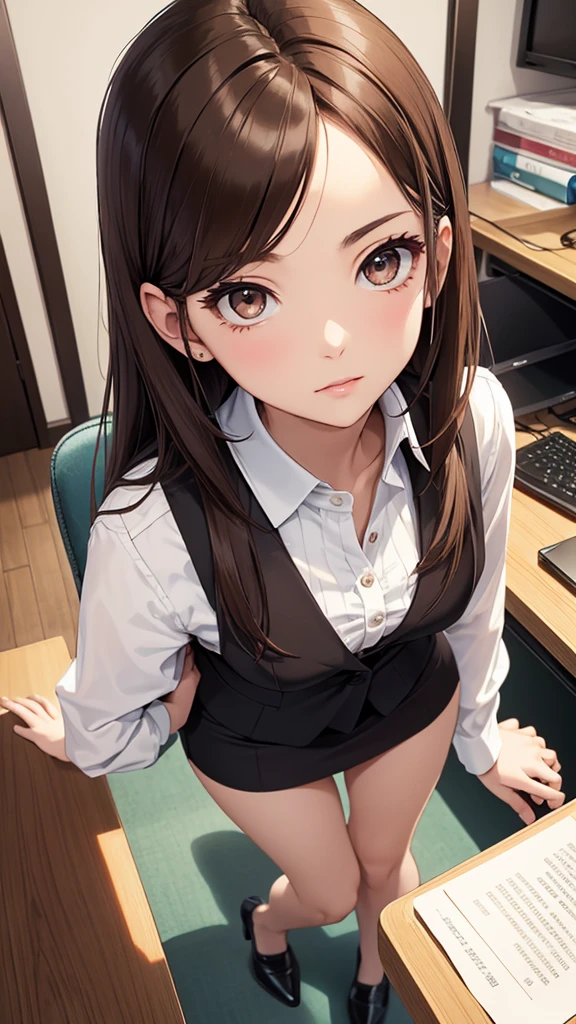 Best Quality, masutepiece, beautiful mature women、Beautiful face、Faint-hearted woman、Office Suits、Tight mini skirt、brown haired、Brown-eyed、Longhaire、Undersized eyes、Full body like