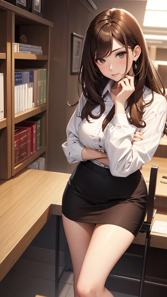 Best Quality, masutepiece, beautiful mature women、Beautiful face、Faint-hearted woman、Office Suits、Tight mini skirt、brown haired、Brown-eyed、Longhaire、Undersized eyes、Full body like