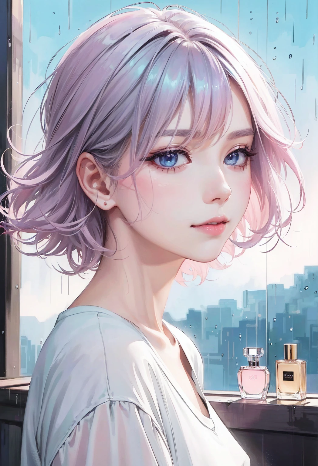 rain, Beauty, High nose, Long eyelashes, 目にLight, Pink Lips, Closed Mouth, pastel colour, purple, Dull pink, Dull Blue, heart, Light,Fluttering Hair, Big eyes, Inner color hair, turn around,short hair, cute, 30 years old, perfume, Prada, glossy, charm, Real, summer, null, smile, 天気rain, Wolf Hair, Big white t-shirt, Gray Hair,