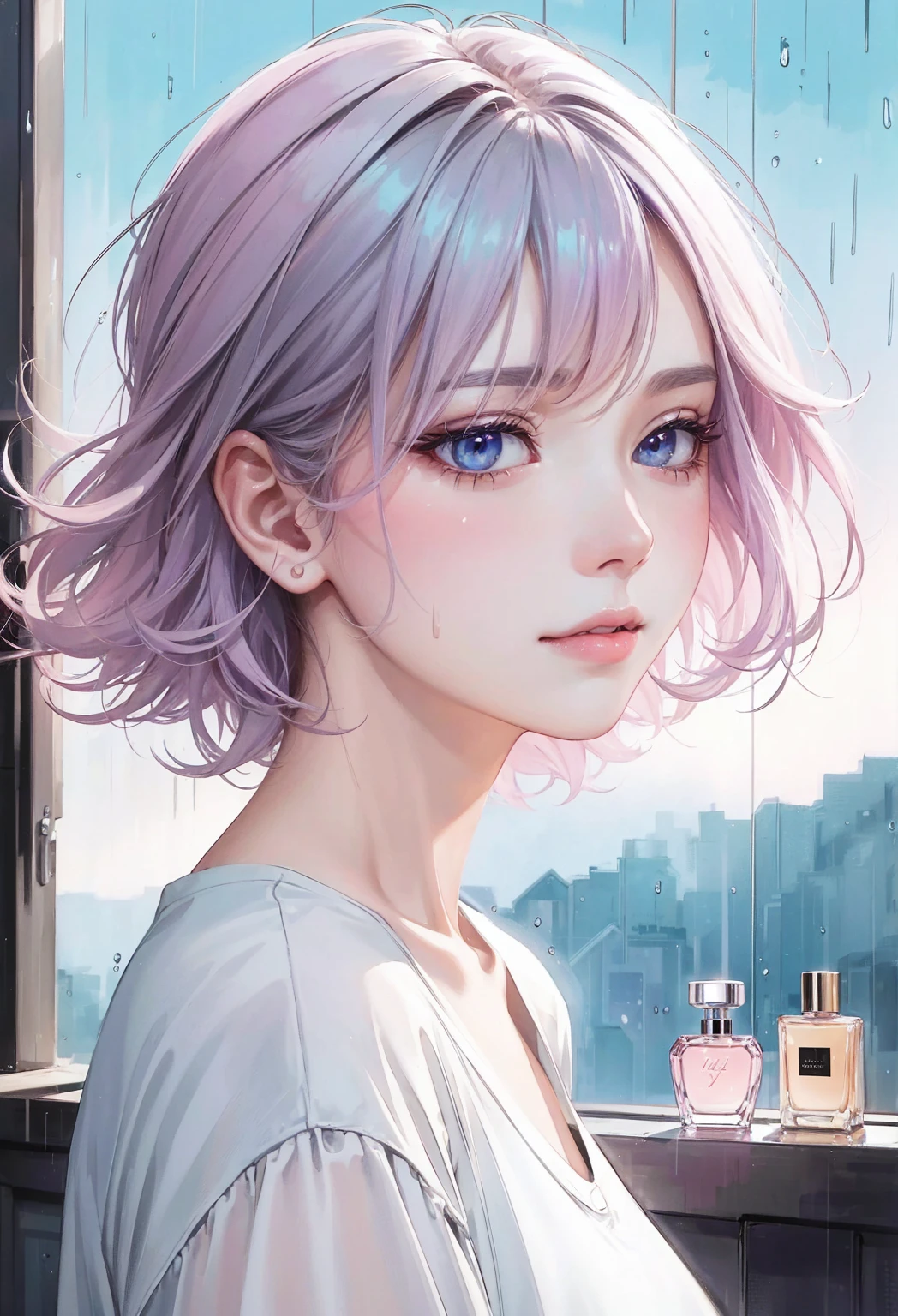 rain, Beauty, High nose, Long eyelashes, 目にLight, Pink Lips, Closed Mouth, pastel colour, purple, Dull pink, Dull Blue, heart, Light,Fluttering Hair, Big eyes, Inner color hair, turn around,short hair, cute, 30 years old, perfume, Prada, glossy, charm, Real, summer, null, smile, 天気rain, Wolf Hair, Big white t-shirt, Gray Hair,