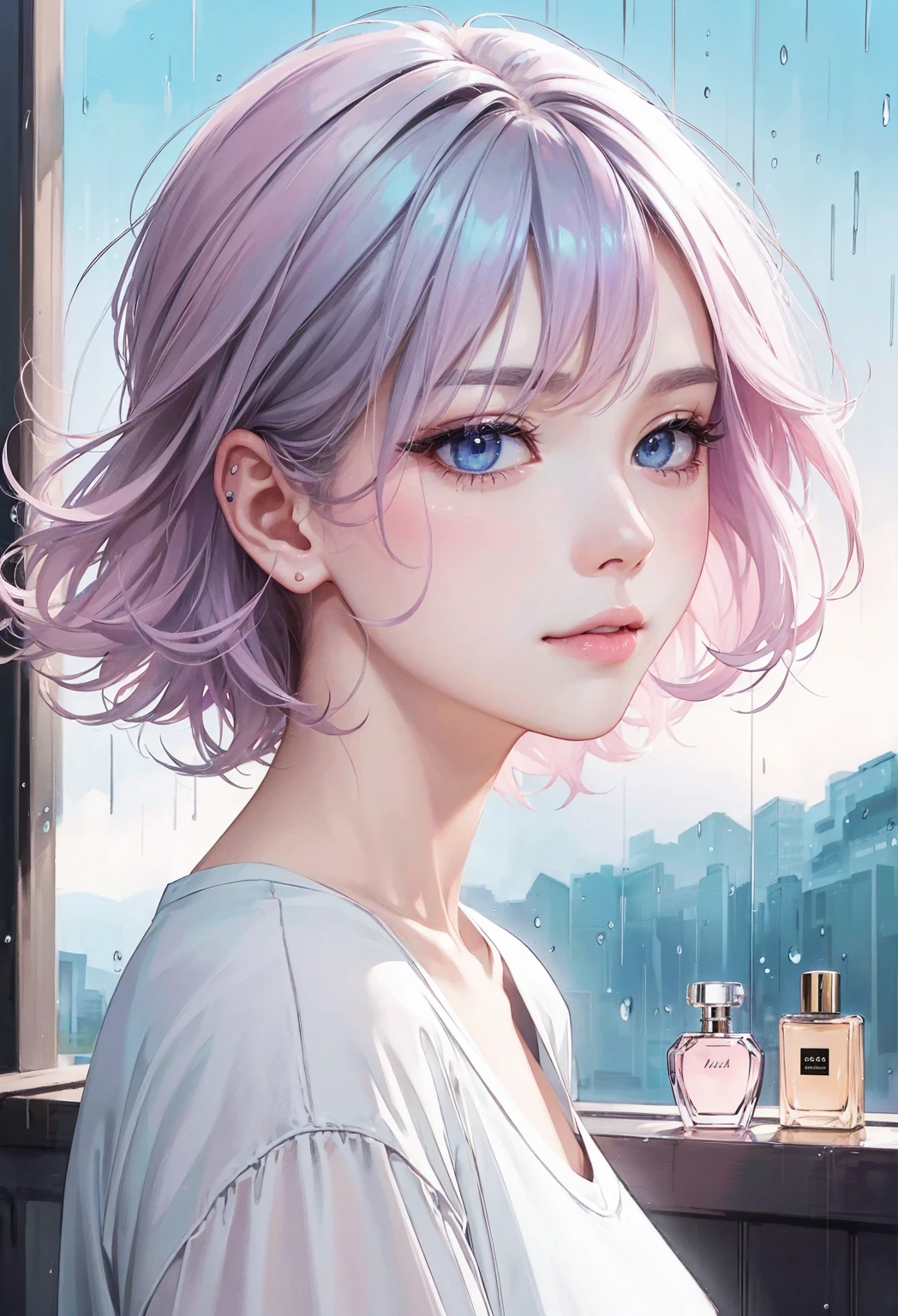 rain, Beauty, High nose, Long eyelashes, 目にLight, Pink Lips, Closed Mouth, pastel colour, purple, Dull pink, Dull Blue, heart, Light,Fluttering Hair, Big eyes, Inner color hair, turn around,short hair, cute, 30 years old, perfume, Prada, glossy, charm, Real, summer, null, smile, 天気rain, Wolf Hair, Big white t-shirt, Gray Hair,