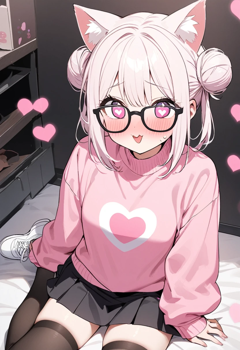 I have white pink hair, cat ears, a bun, my face is super blushing, black glasses, pink heart eyes, a big pink sweatshirt, a black skirt, black stockings, white shoes, a cat&#39;s tail, a girl. very shy that her parents are millionaires