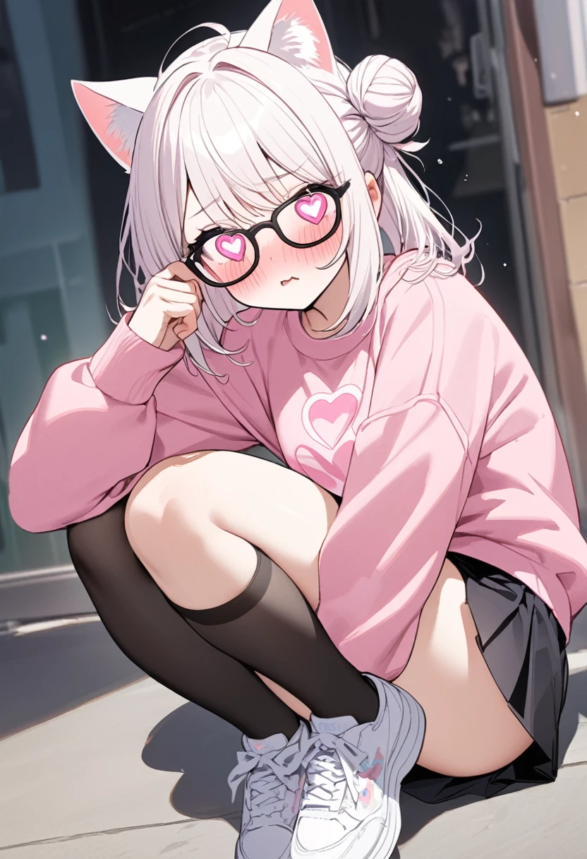 I have white pink hair, cat ears, a bun, my face is super blushing, black glasses, pink heart eyes, a big pink sweatshirt, a black skirt, black stockings, white shoes, a cat&#39;s tail, a girl. very shy that her parents are millionaires