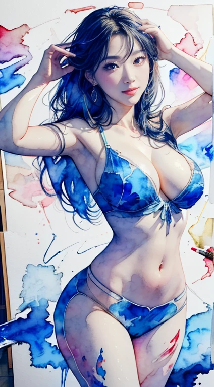 8K, masterpiece, best quality, ((watercolor painting)), (colorful watercolor painting), dynamic pose, beautiful woman with long hair, smile: 1.5, sophisticated woman, beautiful Japanese woman, gorgeous Japanese girl, bewitching, sexy, erotic, beautiful face, detailed face, perfect proportions, big breasts, slim waist, navel, crotch gap, thighs, (dynamic pose: 1.3), (changing pose: 1.5)), (dynamic angle: 1.3), cute actress, cute face of girl, female actress, slim, watercolor painting, (beautiful paint smudge in background: 1.4),