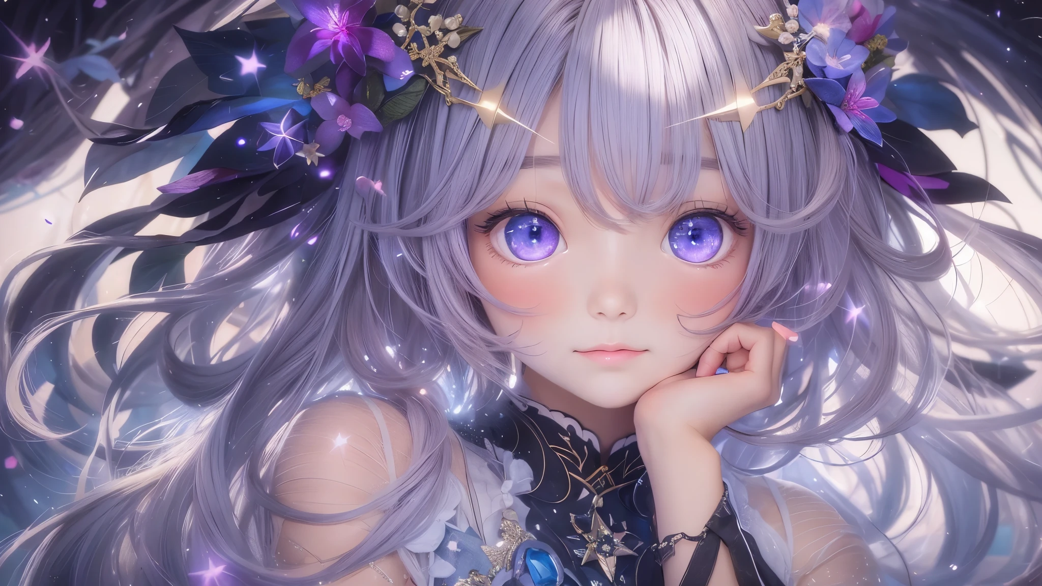 photograph、water、8age、high resolution、quality、Real masterpieces, Highest quality, Highly detailed shape,1 Girl,alone, Image body, flower, Looking at the audience、 Purple eyes, Jewel-like eyes, Very beautiful eyes, Highly detailed face、universe (null), constellation, Purple Energy、 meteor、Shiny, straight, long hair down to the waist, Beautiful shiny bangs、16k、24k、