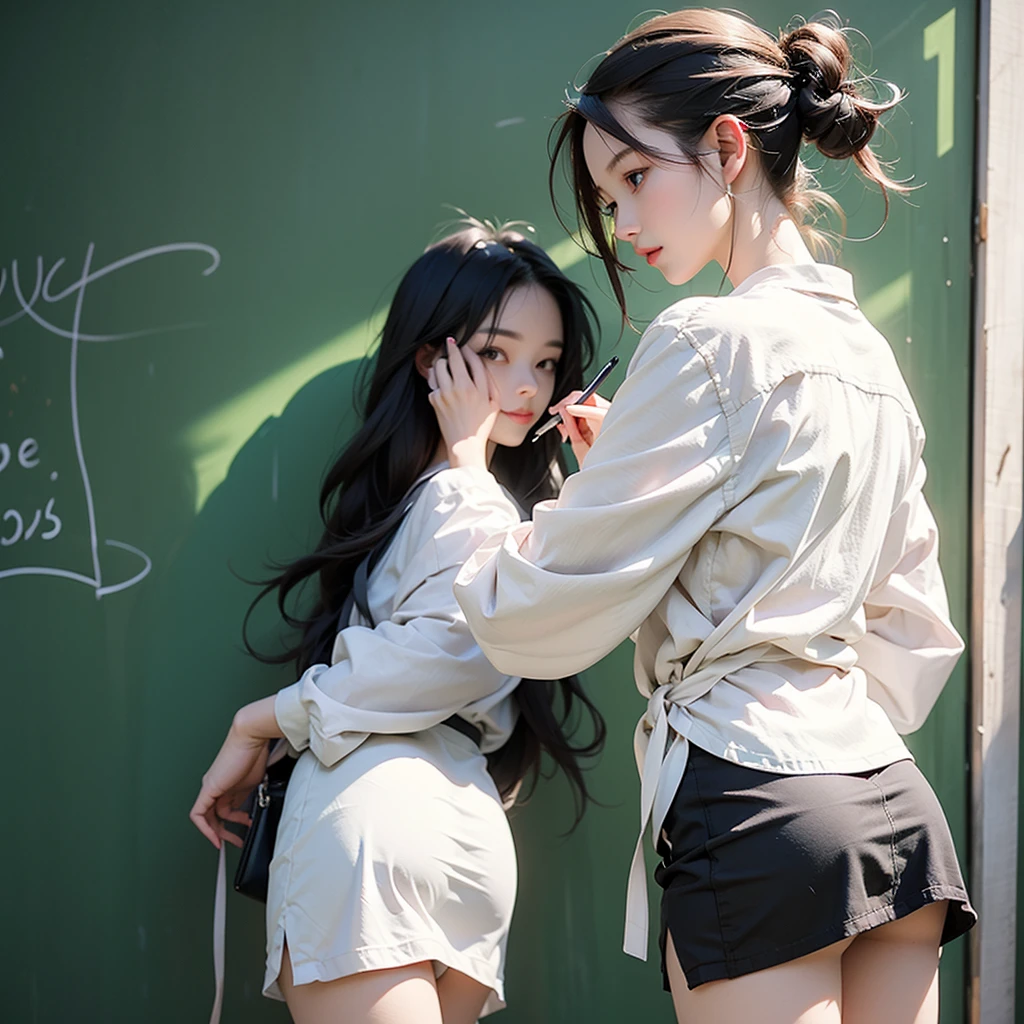 Woman writing with chalk on a blackboard、White mini skirt suit、Angle from behind



