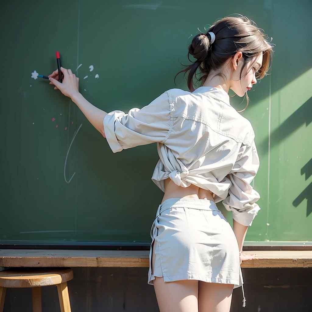 Woman writing with chalk on a blackboard、White mini skirt suit、Angle from behind