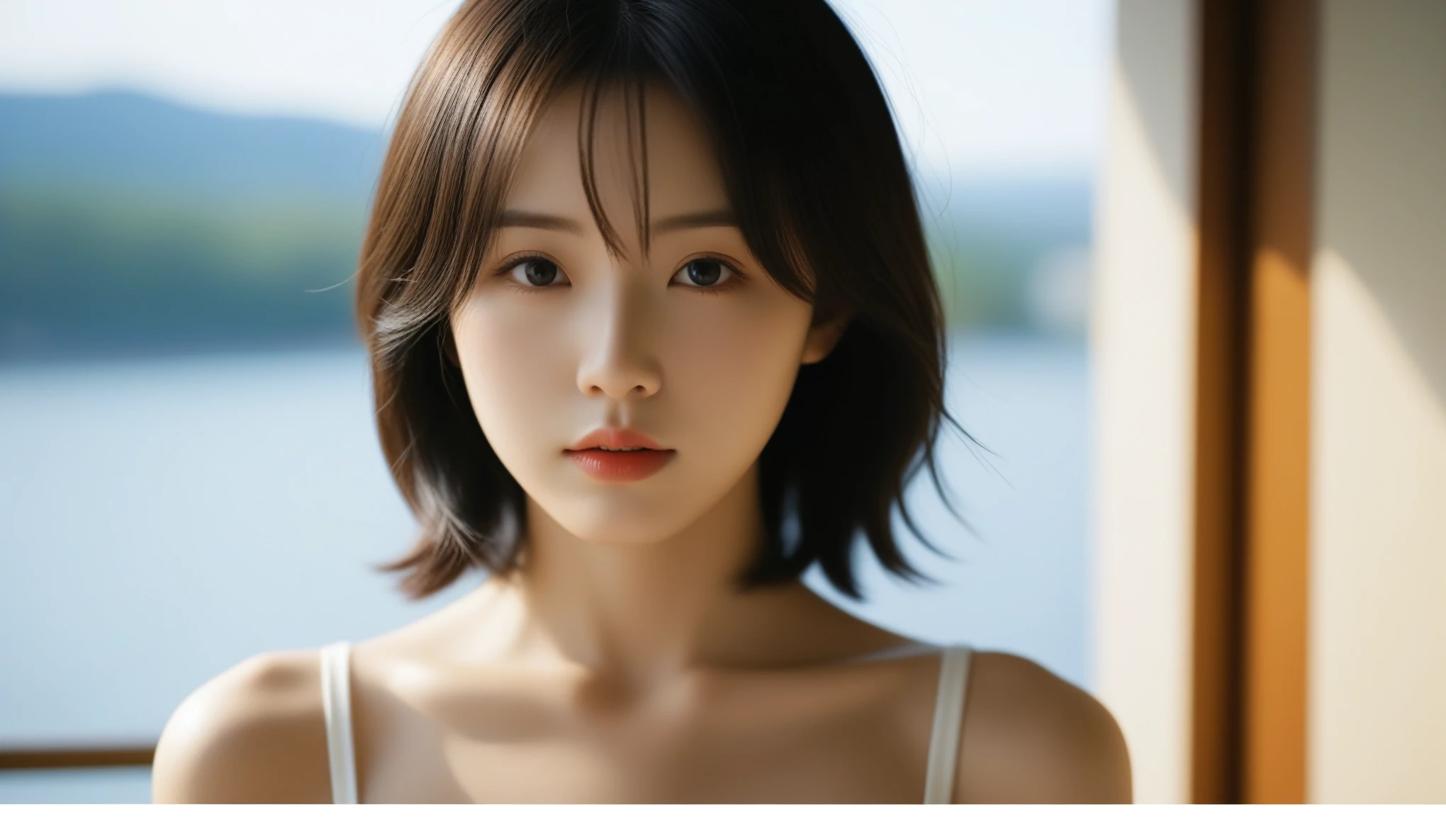 8k, Ultra-high resolution, Highest quality, masterpiece, 三分割法によるphotograph,Surreal, photograph, 1 Girl, (:1.3), pretty girl, Cute Face, Beautiful eyes in every detail, 細かくdetailedに,masterpiece,One Girl:1.2, Japan Female Announcer,extream close up,glaring,Black Hair,Wavy bob,Station platform,風景photograph,Clean and modest clothing,Natural Makeup,Realistic Skin, Perfect and beautiful face ,完璧でCute Face, Skin with attention to detail, Perfect limbs、Narrow waist、Thin legs),Looking at the audience、beauty,Long neck、(((Ideal body type))),A cup small breasts :2,Portraiture:2,Perfect Anatomy,鮮明なdetailed,detailed,Surreal,Light and shadow,dappled sunlight
