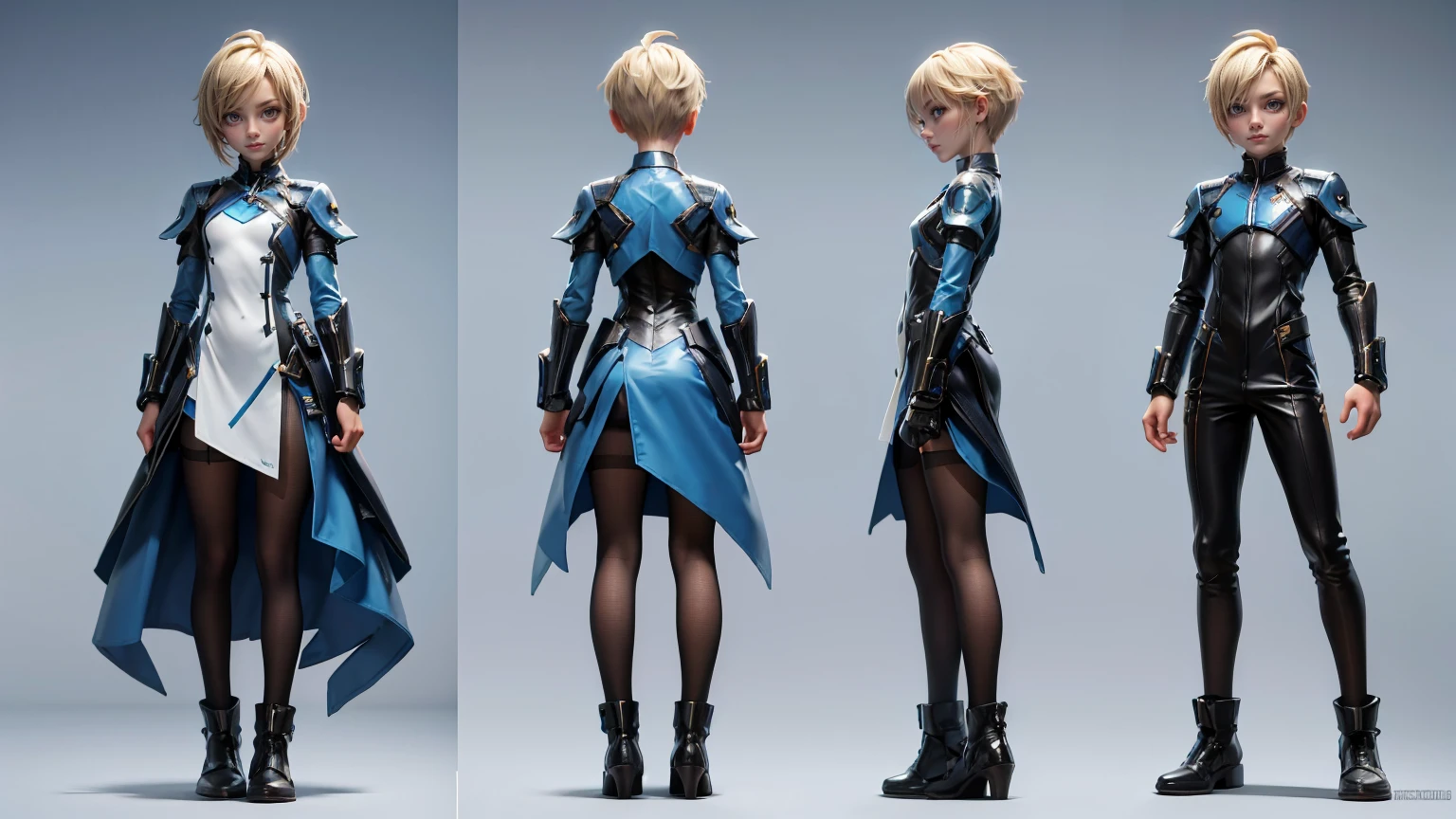 game boy, wearing a futuristic gaming dress in blue color, blond hairs, futuristic dress, gaming full straight standing pose, 14yo student, , Full body, boy, , gaming boy, Simple plain background, HD, standing, modern futuristic dress, front view, modern dresses, unique, Buzz Cut hair style, short hairs. +3 View prompt standing, 3 View Drawings, side and Front and back, Character Sheet, Full body, Simple white background, character reference sheet, Concept art, design sheet, Character Design, full body adoptable horizontal clear charcter style sheet