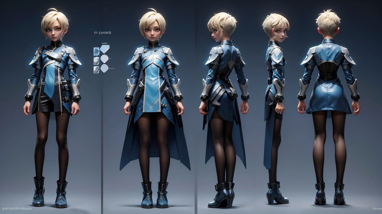 game boy, wearing a futuristic gaming dress in blue color, blond  hairs, futuristic dress, gaming full straight standing pose,  student, , Full body, boy, , gaming boy, Simple plain background, HD, standing, modern futuristic dress, front view, modern dresses, unique, Buzz Cut hair style, short hairs. +3 View prompt standing, 3 View Drawings, side and Front and back, Character Sheet, Full body, Simple white background, character reference sheet, Concept art, design sheet, Character Design, full body adoptable horizontal clear charcter style sheet
