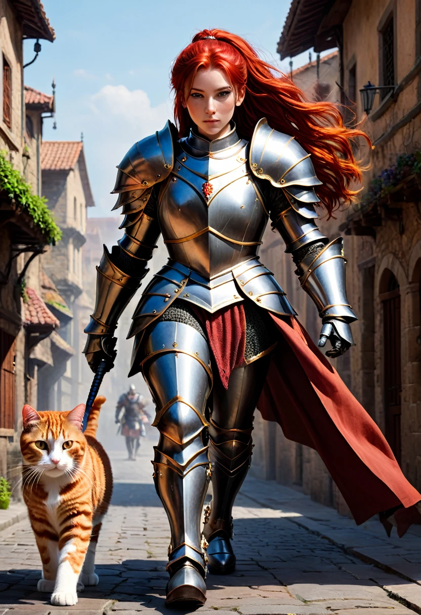 aarafed a picture of an ((epic huge cat: 1.5))  ((human sized cat: 1.5)) walking with a knight in fantasy street, an ((cat big as a horse)), the cat is wearing armor ready for battle, dynamic color cat BREAK a human knight, full body, ((anatomically correct: 1.5) walking near him, female knight, red hair, long hair, hair in a pony tail, wearing knight's armor, decorated armor, high heeled boots, Hyperrealism style, vibrant, Ultra-high resolution, High Contrast, (masterpiece:1.5), highest quality, Best aesthetics), best details, best quality, highres, ultra wide angle, 16k, [ultra detailed], masterpiece, best quality, (extremely detailed) RAW, ArmoredDress