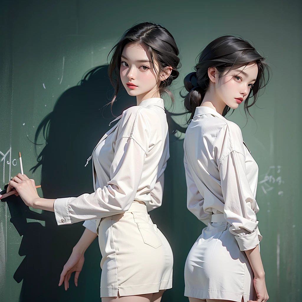 Woman writing with chalk on a blackboard、White mini skirt suit、Rear angle 8k、RAW Photos、Highest quality、Super detailed、Super Resolution、Ultra HD、8k wallpaper、Amazing details