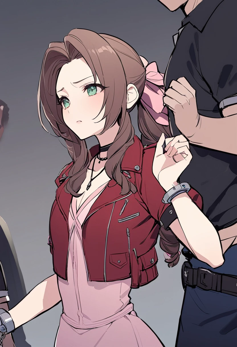 masterpiece, best quality, 1girl, anime style, pastel colors defaerith, braided ponytail, pink hair bow, choker, necklace, cropped jacket, red jacket, short sleeves, pink dress, extremely detailed,high definition restrained,police,arrest,restrained,shackles,(((handcuffs, cuffs, upper body, handcuff, bound wrists))),masterpiece, best quality,aerith gainsborough handcuffs behind her back,.behind her back position.escort in handcuffed.handcuffed behind back.aerith handcuffed,aerith handcuffed behind her back.arrested.l.aerith handcuffs behind back by police