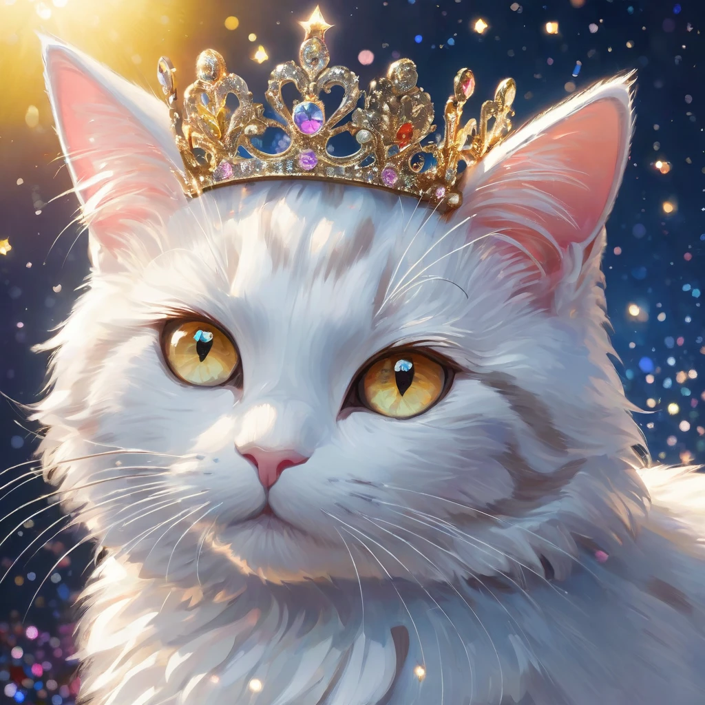 rich and colorful，fairy tale,Wonderful and magical，Character rendering，Oil painting，3d，8K resolution，Sequins，shiny，［Princess Crown］，moonlight，Cute Q version kawaii,Close-up portrait of white tabby cat，Delicate eyes，big, round, Reflective eyes