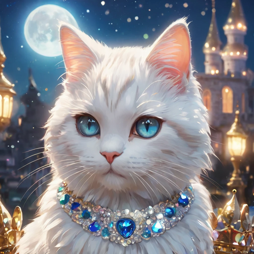 rich and colorful，fairy tale,Wonderful and magical，Character rendering，Oil painting，3d，8K resolution，Sequins，shiny，［Princess Crown］，moonlight，Cute Q version kawaii,Close-up portrait of white tabby cat，Delicate eyes，big, round, Reflective eyes