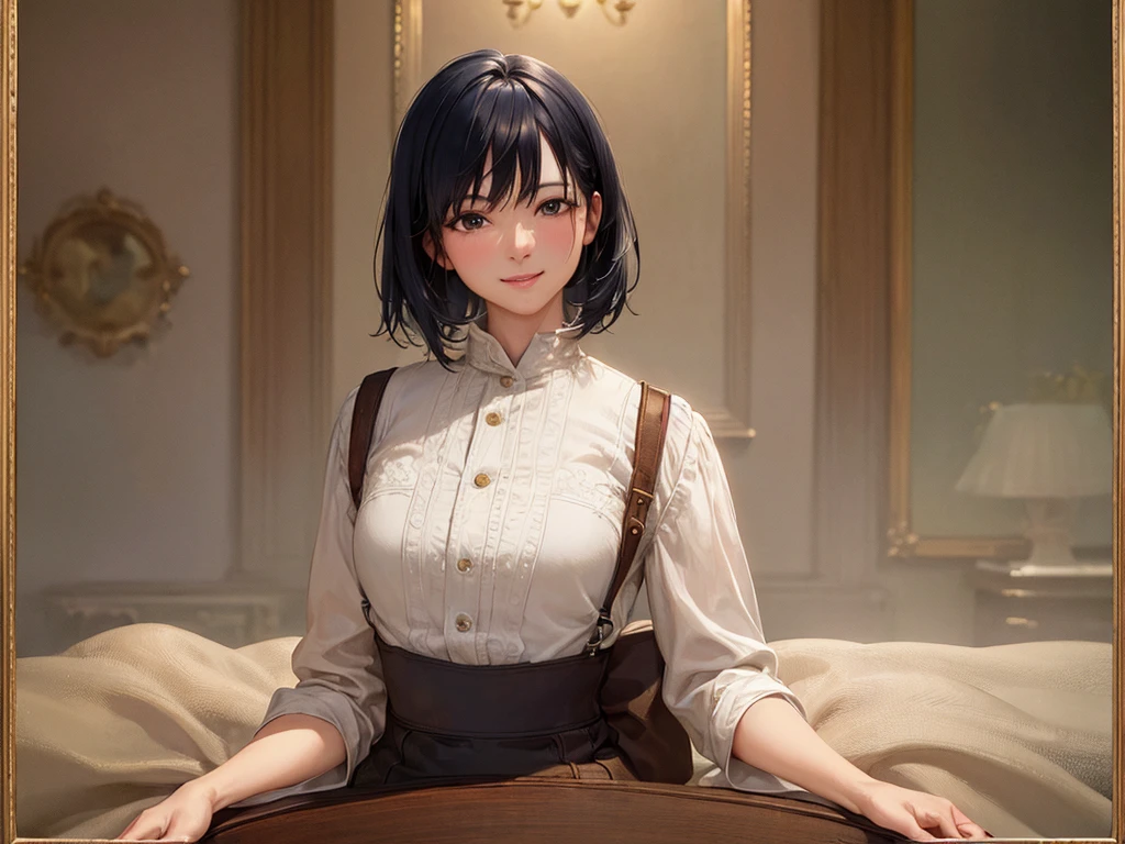 (masterpiece、Highest quality:1.2),Frame In、 Cowboy Shot, View your viewers, (Highest quality, 8k, oil), Very detailed, (Realistic, Realistic:1.37), Wearing a white coat、wearing a blue muffler、Bob Hair、Black Hair、smile、It's snowing、Night cityscape、It's night