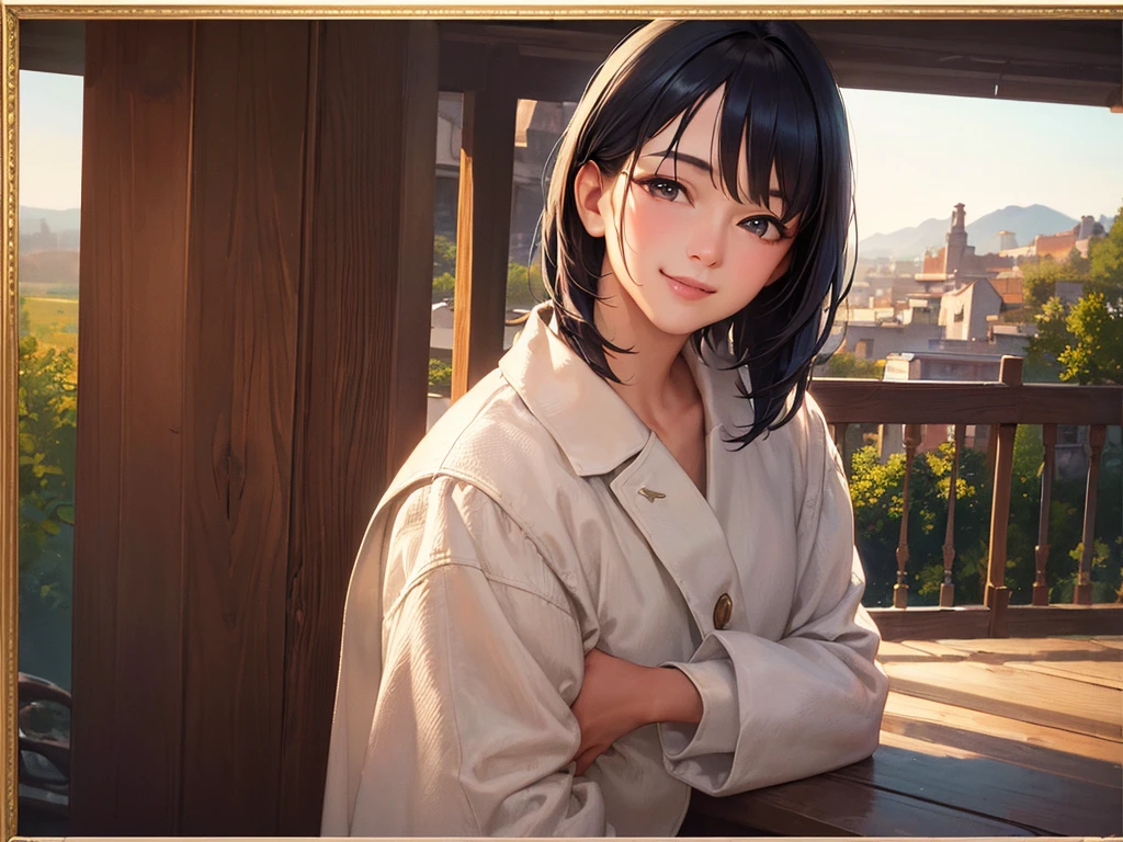 (masterpiece、Highest quality:1.2),Frame In、 Cowboy Shot, View your viewers, (Highest quality, 8k, oil), Very detailed, (Realistic, Realistic:1.37), Wearing a white coat、wearing a blue muffler、Bob Hair、Black Hair、smile、It's snowing、Night cityscape、It's night