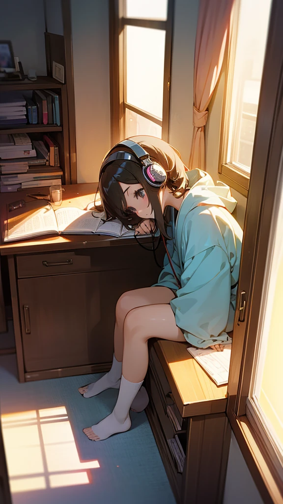 Beautiful girl studying in her room while listening to music with headphones、Warm lighting、Outside the room, Japanese anime style