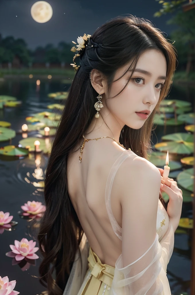 (((best quality))),(((ultra detailed))),(((masterpiece))),illustration,((1 beautiful young girl,solo)),((slim,thin)),(shoulder length straight hair:1.2),((earrings,necklace)),((bare back,towering hips,butt crack)),(see through traditional pink sheer Hanfu dress:1.3),(beside the lotus pond full of lotus flowers:1.3), serene moonlight, ethereal,floral pattern, water movement, billowing fabric, tranquil, moon reflection, petals, fireflies, magical, light,warm light, dreams, invitation, standing, gazing, reflection, inner thoughts, emotional, sweet scent, natural beauty, solitude, hypnotic lull, eternal summer, (night scene:1.3), natural world, human spirit, celebration, backdrop, water, glow,((from back)),(close-up of upper body:1.3)