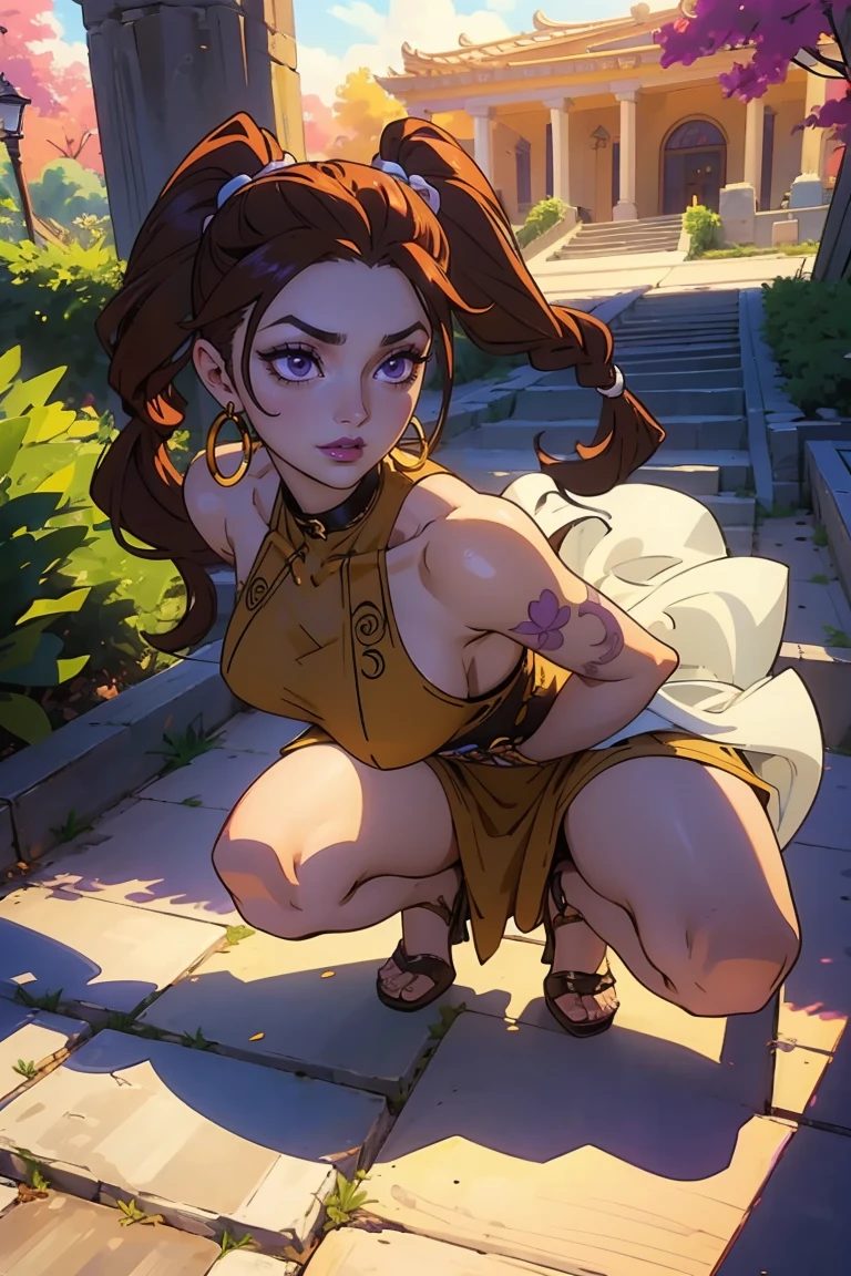 Goddess ((goddess-like woman)), slim elegant silhouette, masterpiece, (close angle), best quality, pale skin, fair skin, cloud tattoo on arm, sweet face, (masterpiece:1,2, best quality), (real picture, intricate details), (1 lady , solo, medium tits, slim waistline, ), ((Jinx/LOL)),BROWN HAIR, a woman withe brown very very long hair, brown hair, braided hair, very long braided pigtails, purple eyes, she has an impressive presence., bracelet, hoop earrings, jewelry, beautiful face, beautiful eyes, She is wearing a stunningly beautiful golden evening dress and high heels with straps. sweet smile, thigh gap, sweet irresistible smile, elegant pose, elegant hands, beautiful hands, perfect fingers, background: Park, a beautiful park, trees, walkway, flowers, bushes,