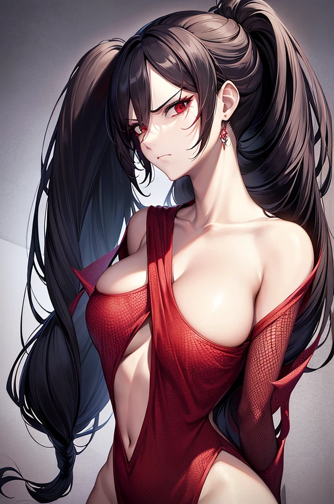 masterpiece, 1 mature woman, spider woman, drider, thorax, spider girl, monster girl, long black hair, hair in ponytail, Looking down at camera, red eyes, frowning, web background, spider, spiders, ink drawing