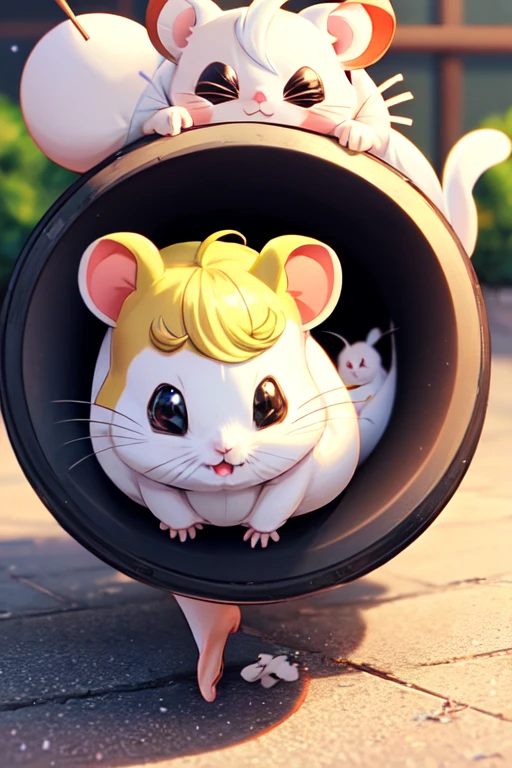 Macro shot of a female white hamster, (((hamtaro anime characters))), running around in her little wheel with enthusiasm, her bright black eyes full of joy, very cute little animal,