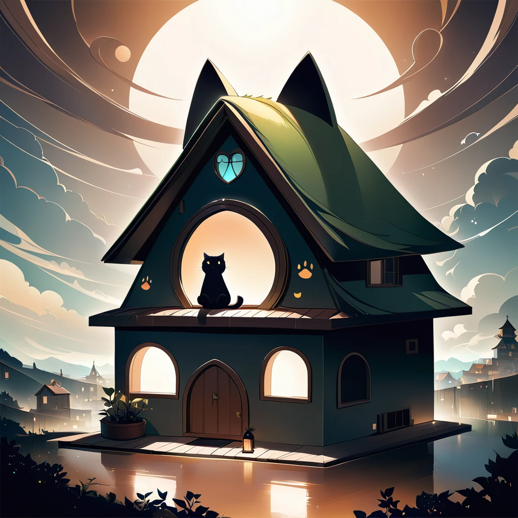 a house in the shape of a cat, a house that imitates the shape of a cat, fantasy, surrealism, anime, cute, lovely, 