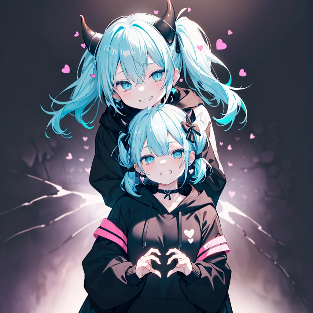 ((((jagged、Open your mouth、Grin background、shining heart Making a Heart front)))) (((Black hoodie、Wearing a hood Devil horns Twin tails、Neon Blue Neon Blueの目、Close one eye))) ((Shiny Earrings Small black ribbon)) Shining Edges 輝くbackground
