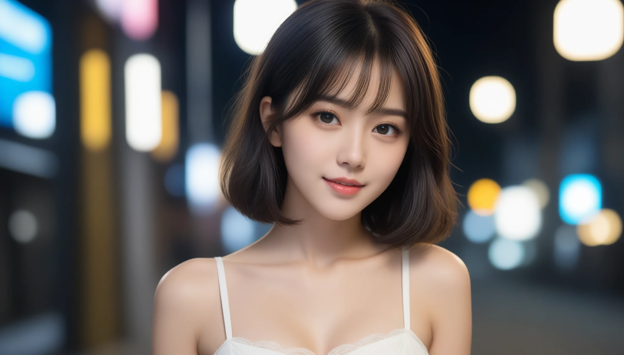 8k, Ultra-high resolution, Highest quality, masterpiece, 三分割法によるphotograph,Surreal, photograph, 1 Girl, (:1.3), pretty girl, Cute Face, Beautiful eyes in every detail, 細かくdetailedに,masterpiece,One Girl:1.2, Japan Female Announcer,extream close up,light smile,Black Hair,Wavy bob,Night view,bustling street,Prostitute,Flashy clothing,Slutty Makeup,Realistic Skin, Perfect and beautiful face ,完璧でCute Face, Skin with attention to detail, Perfect limbs、Narrow waist、Thin legs),Looking at the audience、beauty,Long neck、(((Ideal body type))),A cup small breasts :2,Portraiture:2,Perfect Anatomy,鮮明なdetailed,detailed,Surreal,Light and shadow,glowing