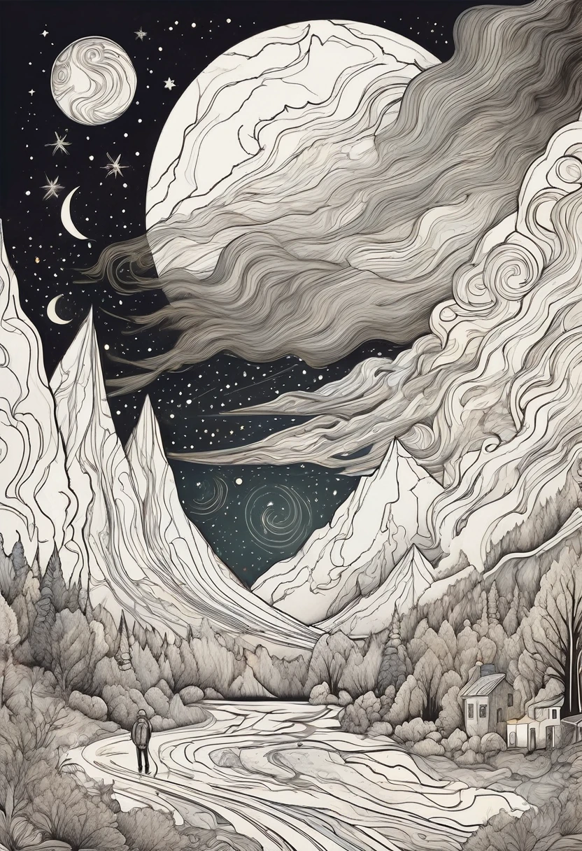 Soft color outline, nihilism, Bohemianism, cooked, cooked mystery girl, Outer Space, Crayon illustrations that exude a warm atmosphere, Marble-colored smoke drifts, high quality, Intricate and lovely details, Showing meticulous brushwork,Focus on capturing a warm atmosphere, Finally add the fantasy flash, Unique and diverse renderings,