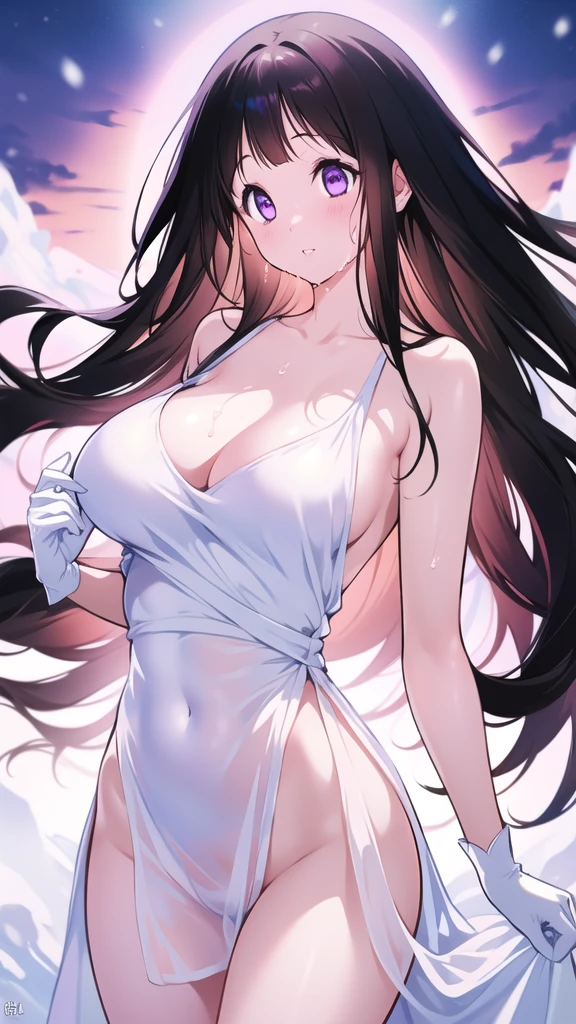 Amazing Chitanda, There is only one beautiful girl，Purple Eyes, Black Hair, Very red face，Very white skin，Glowing skin，Skin as delicate as porcelain，Naturally straight hair, Straight bangs，Extremely refined，Open lips，Long flowing hair，Beautiful Girl, Like a dream，Slim，Slim waist，Soft, (Sensual), (Kawaii), Dream quality，Beautiful big breasts，White transparent loose dress，Areola，Completely naked，Lower edge of breast，White gloves，Flower decoration，Deep V neckline，Loose neckline，Wide neckline，In school，The wind blows the hair，Place your hands on your inner thighs，Thighs clamp hands，Wet skin，Sweaty and sweaty，Sweating all over，On the snow，Back to，Hips，Side body，Gluteal groove，Completely naked的臀部，Bare back，Completely naked的背部，Light transmission，（no pants），nopan，pussy juice，Bare shoulders，There are no shoulder straps，Bare neck，Exposed collarbone，Exposing breasts，Exposing breasts侧面，Exposing breasts下面，Show your waist，Show your buttocks，Show your thighs，Exposing the groin，（No pants），extremely shy，Ultra-high resolution, (masterpiece:1.2, best quality), (Delicate and beautiful eyes: 1.2), (Beautiful and delicate face)