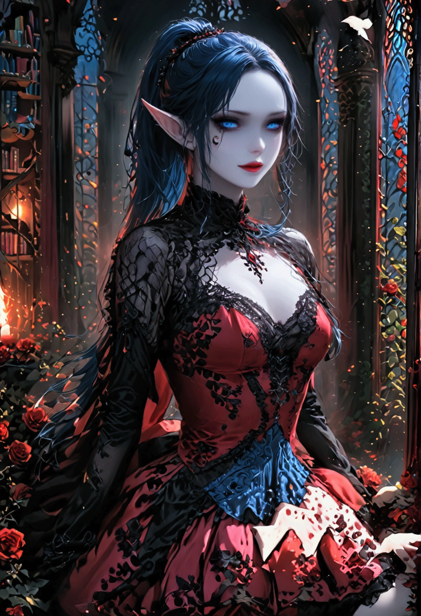 arafed a picture of elf vampire in her castle. an exquisite beautiful, busty, female elf vampire (ultra details, Masterpiece, best quality), full body, ((anatomically correct: 1.5) bloody mouth, black and blue hair, pale skin, hair in a ponytail, long hair, blue eyes, (small pointed ears: 1.2), cold eyes, smirking, wearing pink dress (ultra details, Masterpiece, best quality), red cloak, wearing high heels, in dark fantasy library, book shelves, vibrant, Ultra-high resolution, High Contrast, (masterpiece:1.5), highest quality, Best aesthetics), best details, best quality, highres, ultra wide angle, 16k, [ultra detailed], masterpiece, best quality, (extremely detailed) RAW, dark fantasy art, gothic art, wearing Haute_Couture designer dress, Dark Novel, Dark Art Painting Style, dripping blood, hud_s1n, short black dress, long sleeves, veil, thighhighs, digital painting, elf, Gothic