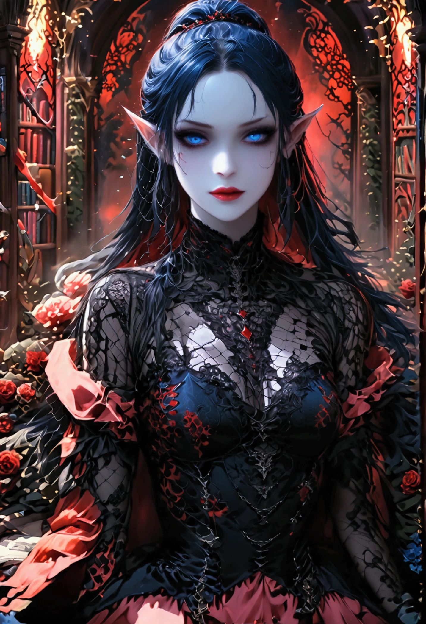 arafed a picture of elf vampire in her castle. an exquisite beautiful, busty, female elf vampire (ultra details, Masterpiece, best quality), full body, ((anatomically correct: 1.5) bloody mouth, black and blue hair, pale skin, hair in a ponytail, long hair, blue eyes, (small pointed ears: 1.2), cold eyes, smirking, wearing pink dress (ultra details, Masterpiece, best quality), red cloak, wearing high heels, in dark fantasy library, book shelves, vibrant, Ultra-high resolution, High Contrast, (masterpiece:1.5), highest quality, Best aesthetics), best details, best quality, highres, ultra wide angle, 16k, [ultra detailed], masterpiece, best quality, (extremely detailed) RAW, dark fantasy art, gothic art, wearing Haute_Couture designer dress, Dark Novel, Dark Art Painting Style, dripping blood, hud_s1n, short black dress, long sleeves, veil, thighhighs, digital painting, elf, Gothic