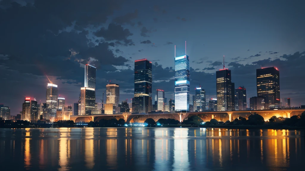 City view, skyscrapers, lake , reflection, at night